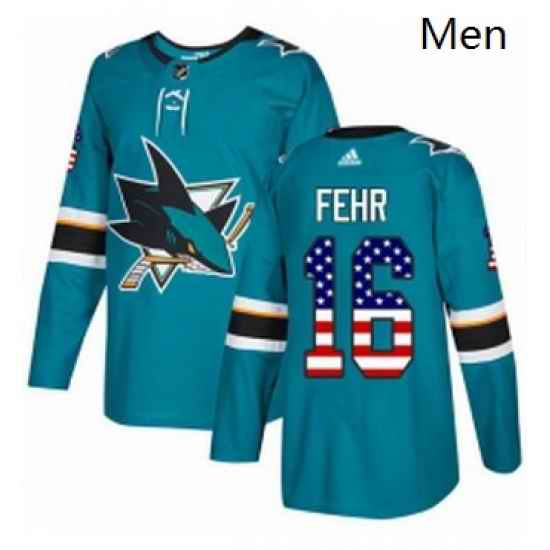 Mens Adidas San Jose Sharks 16 Eric Fehr Authentic Teal Green USA Flag Fashion NHL Jerse